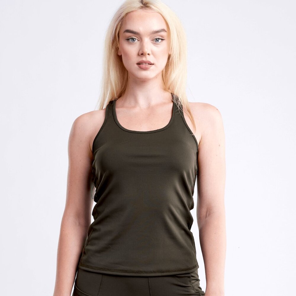 Callisto Collection Sports Tank Top with Side Mesh Panels Olive Green